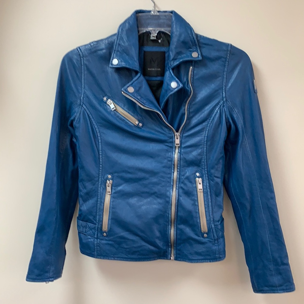 SOFIA LEATHER JACKET IN ATLANTIC BLUE BY MAURITIUS